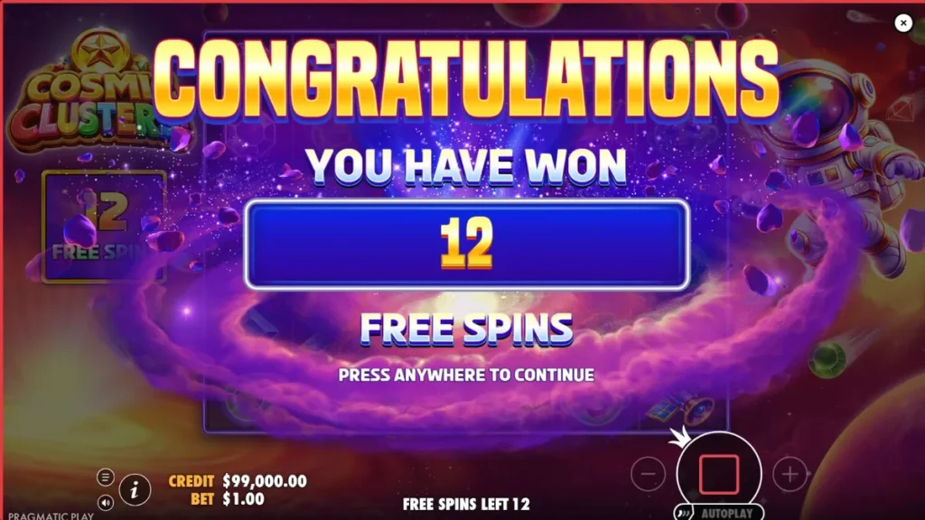 Interface vibrante do slot Cosmic Clusters com tema espacial e neon