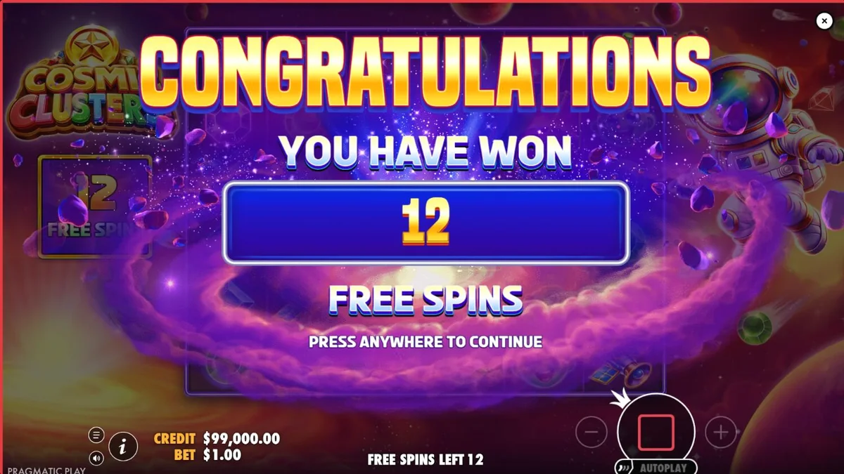 Interface vibrante do slot Cosmic Clusters com tema espacial e neon