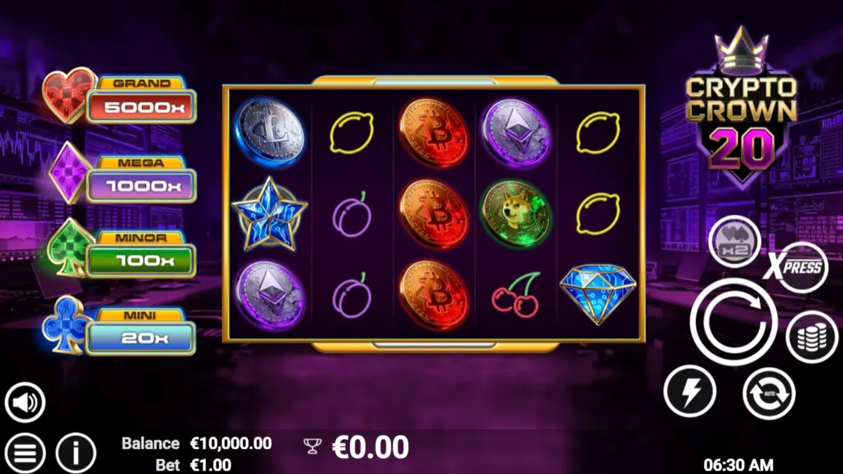 Interface futurista do slot Crypto Crown 20 com símbolos de criptomoedas e frutas neon.