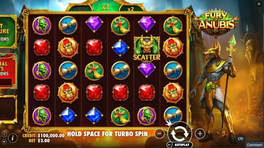 Fury of Anubis slot machine interface featuring dark Egyptian theme