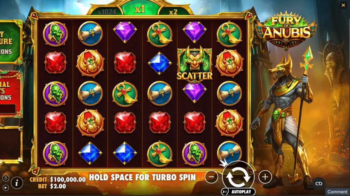 Fury of Anubis slot machine interface featuring dark Egyptian theme