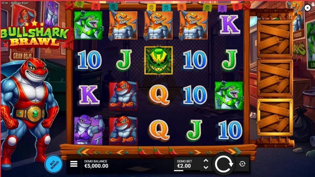 Interface do jogo de slot Bullshark Brawl com tubarões lutadores