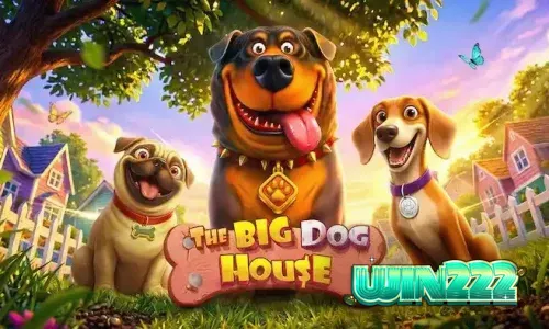 Interface do jogo The Big Dog House com símbolos de cães e casas de cachorro